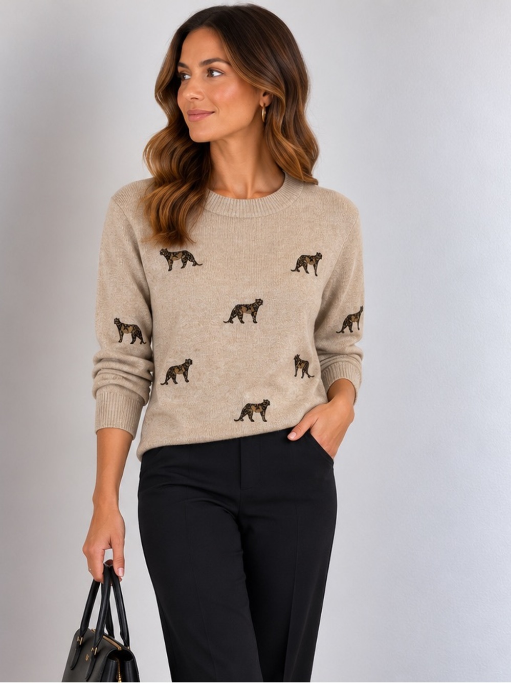 Chico’s Wool Blend Tan Knit Sweater Cheetah Leopard Motifs Ribbed Trims size XL